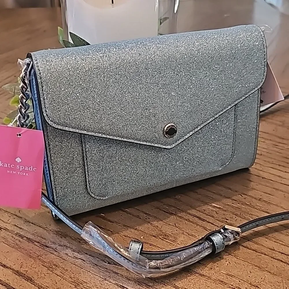 Kate Spade tinsel flap crossbody sparkly blue bag NWT